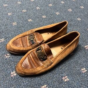 Gilby Loafers Women's SZ 38 Brown Leather Decorative Strap Croc Print Ribbon